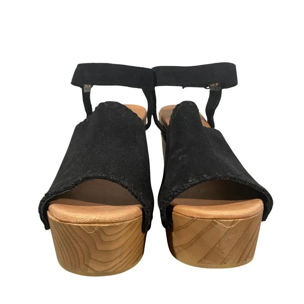 Musse & Cloud Hindix platform Wedge peep toe Sandal shoes black suede leather 9
